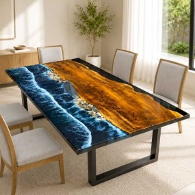 TidalCove Pebble Shore Ocean Wave Epoxy Resin Dining Table