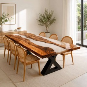 IvoryRift Live Edge White Epoxy Resin River Dining Table