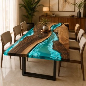 AzureRift Ocean Wave Epoxy Resin Dining Table with Black Metal Legs