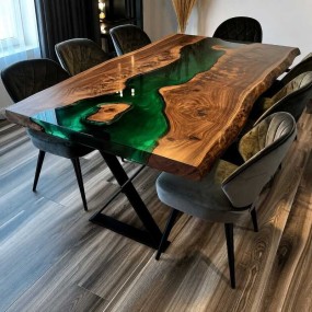Verdant Rift Live Edge Epoxy Resin Dining Table – Green River Dining Table