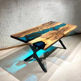 Ocean Resin River Table with Acacia Wood | Artistic Blue Epoxy Centerpiece |Contem...