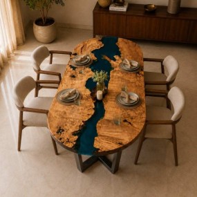 JadeRift Teal Epoxy Resin River Dining Table with Silver Metal Base