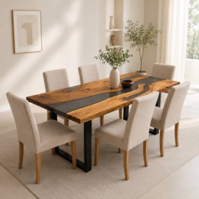 Luxora Solid Wood Epoxy Table with Blue River Style – 4 to 6 Seater Dining