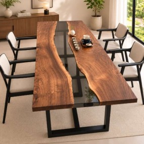 Luxury Acacia Wood Epoxy River Dining Table – 6 Seater Live Edge Solid Wood Dining...