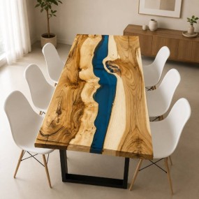 Natural Edge Epoxy Resin Dining Table – Acacia Wood Live-Edge Table with Industria...