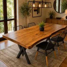 Natural grains Dining Table Live Edge Dining Table With Metal Legs Base