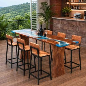 Artwood Solid Wood Bar Table with Epoxy Resin Top and Chairs