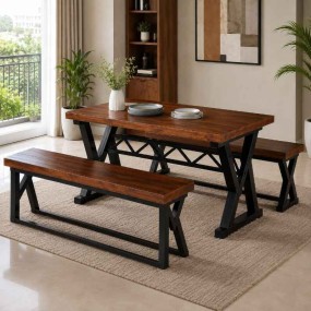 Solid Acacia Wood 6 Seater Dining Table with 2 Benches – Modern Rustic Solid Wood ...