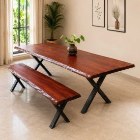 Woodie Live Edge Solid Wood Table With Bench