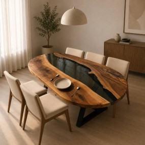 Live Edge Wood Oval Shape Dining Table, Epoxy Resin Egg Shape Table, Elliptical Sh...