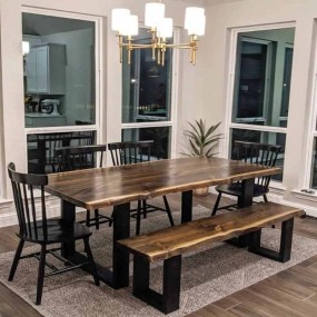 Rustic Roots Dining Live Edge Dining Table With Bench | Solid Wood Dining Tables -...
