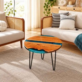 Round Live Edge Epoxy Coffee Table, Solid Wood Center Table with Blue Resin, Natur...